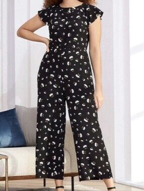 LOFT Floral Jumpsuit Sz 16 Flutter Sleeves Tie Back Daisies Dark Cottagecore EUC